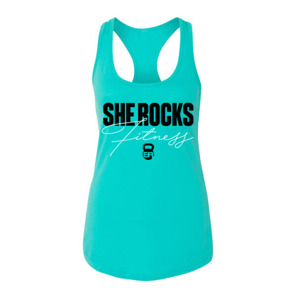 SHE ROCKS - BLOCK SCRIPT - WOMEN'S FITTED TANK TOP - TAHITI BLUE - $RB5AGN$ Thumbnail